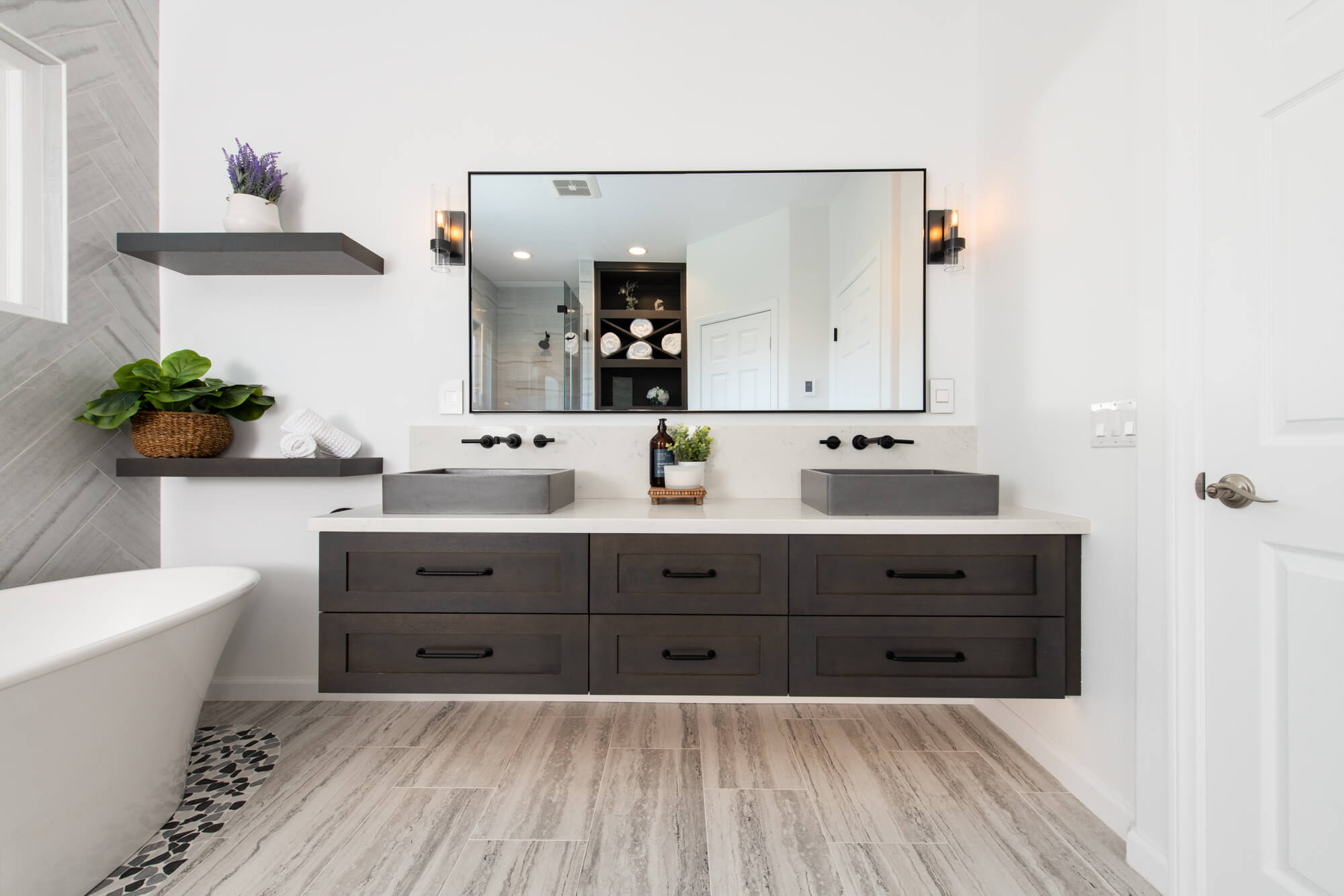 Floating bathroom vanity remodel with undercabinet lighting 1
